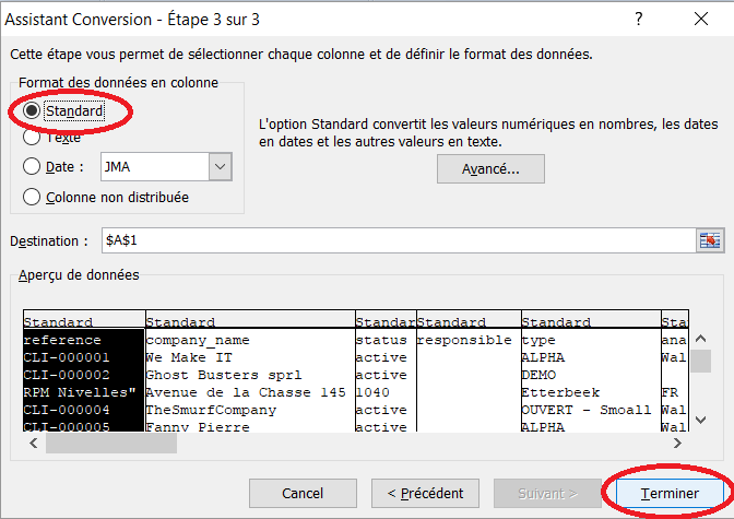 Export client - Donnée - convertir - délimité - virgule - standard - terminé