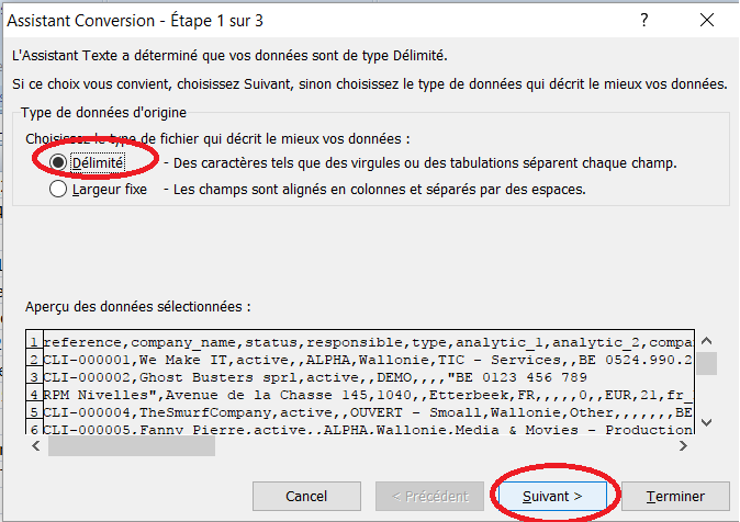 Export client - Donnée - convertir - délimité