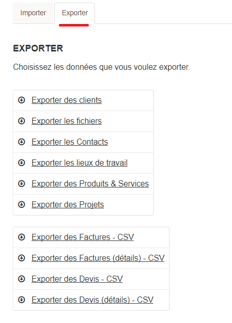 Paramètres - exporter - tab