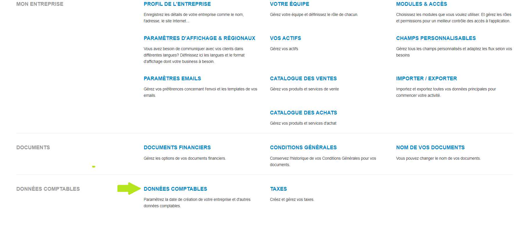 Menu Paramètres - Données comptables - Smoall