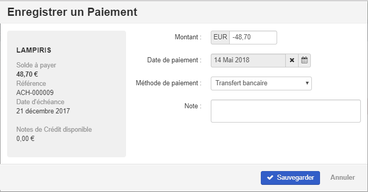 Smoall-facture d’achat-enregistrer un paiement détail