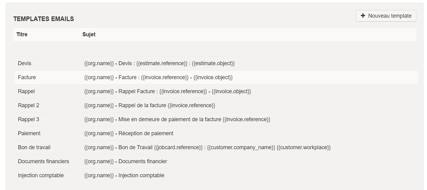 Smoall - Paramètres Template e-mail - liste