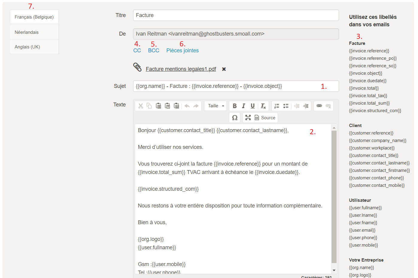 Smoall - Paramètres e-mail - édition