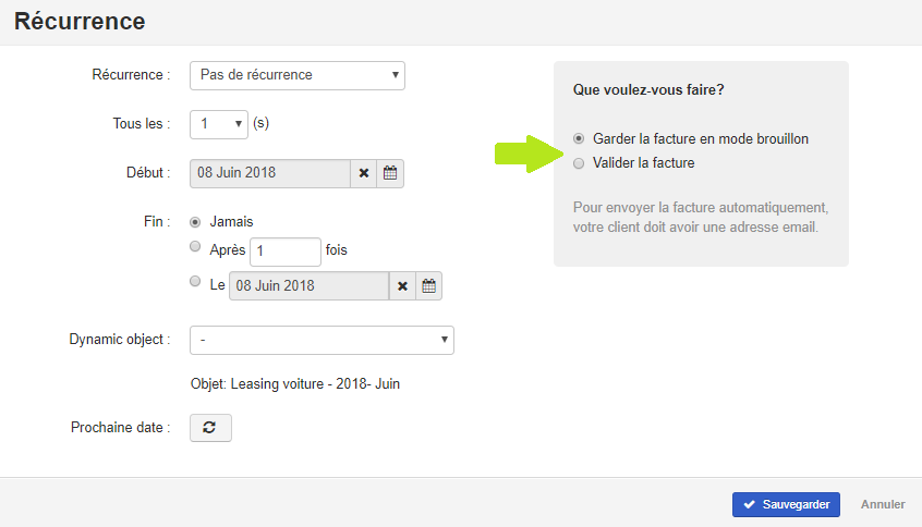 Smoall - Facture de vente - écran récurrence choix brouillon ou validé