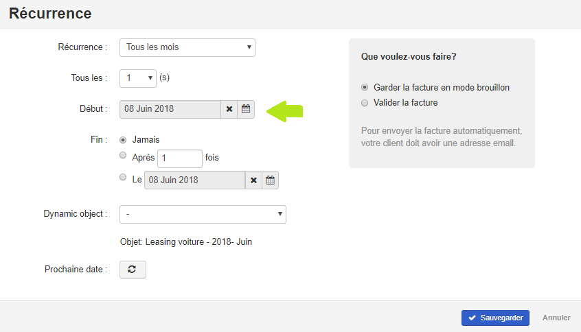 Smoall - Facture de vente - écran récurrence-date début
