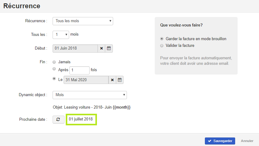 Smoall - Facture de vente - écran récurrence - date prochaine facture 2
