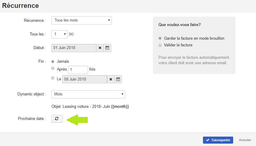 Smoall - Facture de vente - écran récurrence - date prochaine facture