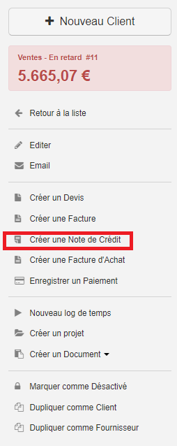 Smoall-Créer note de crédit depuis fiche client