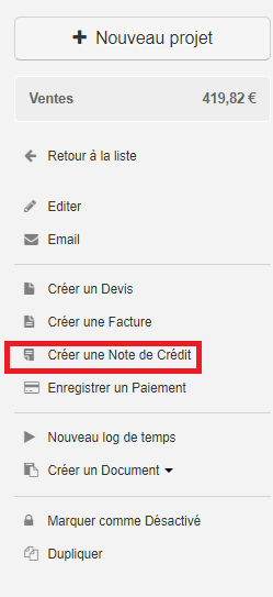 Smoall-Créer note de crédit depuis projet