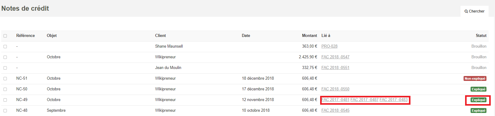 Smoall-Factures liées à une note de crédit et statut