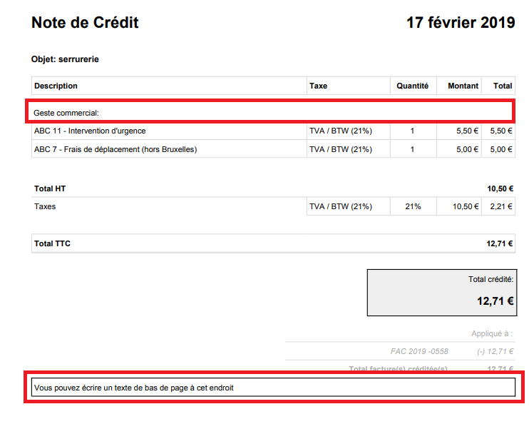 Smoall-Résultat texte dans pdf de la note de crédit