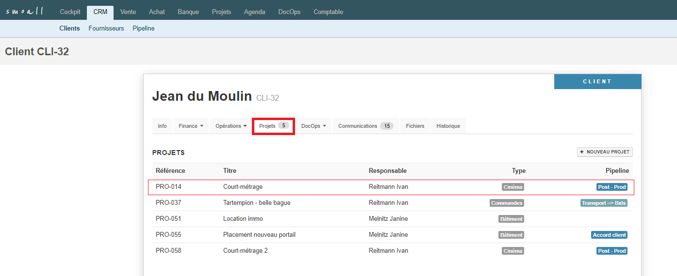 Smoall-Fiche client tab Projets