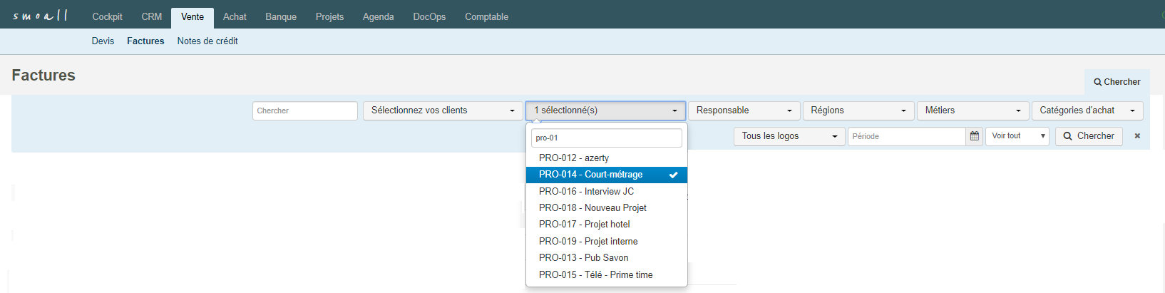 Smoall-recherche projet dans liste factures