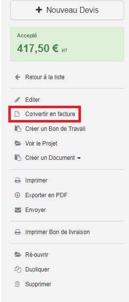 Smoall bouton convertir devis en facture