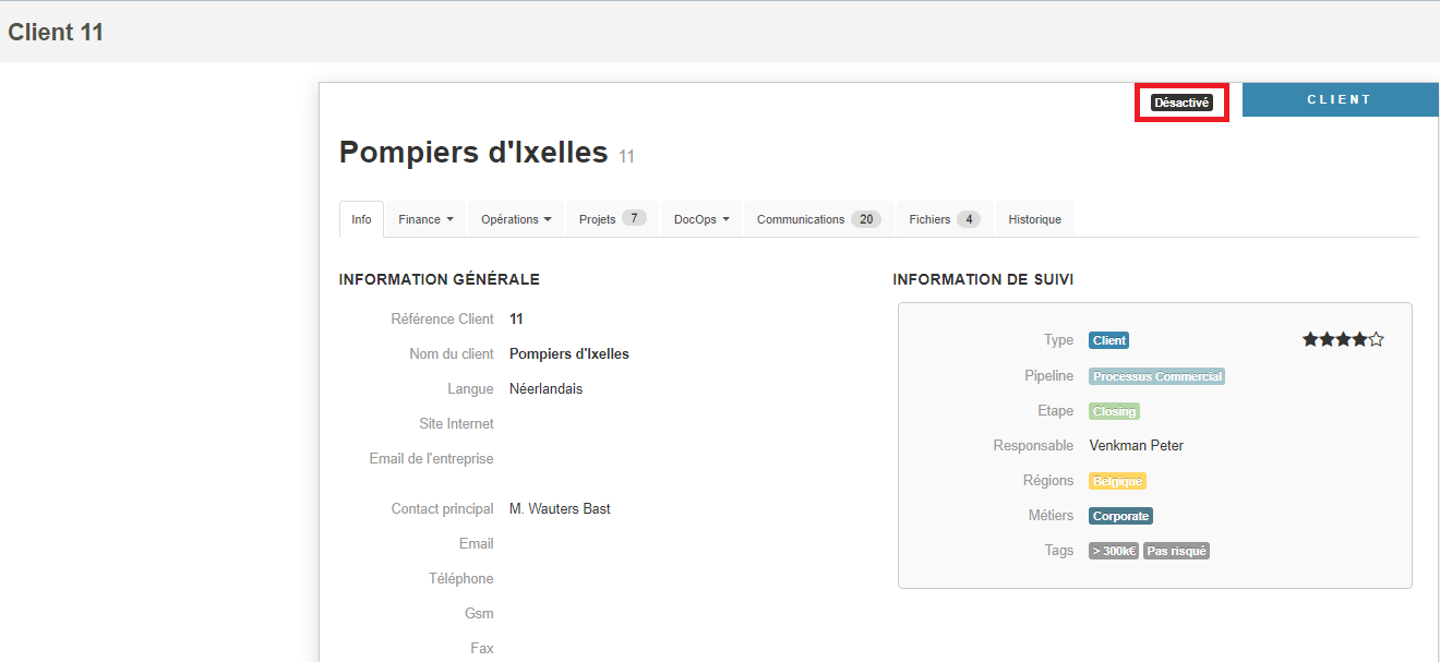Client désactivé fiche client