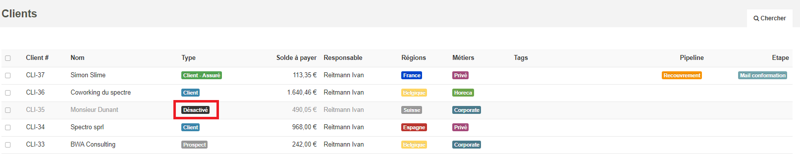 Client désactivé liste clients