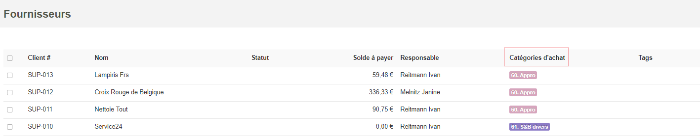 Smoall- Exemple liste fournisseurs critère analytique