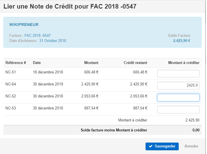 Smoall-Factures de vente-Liste notes de crédit à lier complété