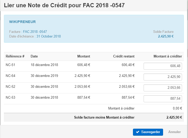 Smoall-Factures de vente-Liste notes de crédit à lier