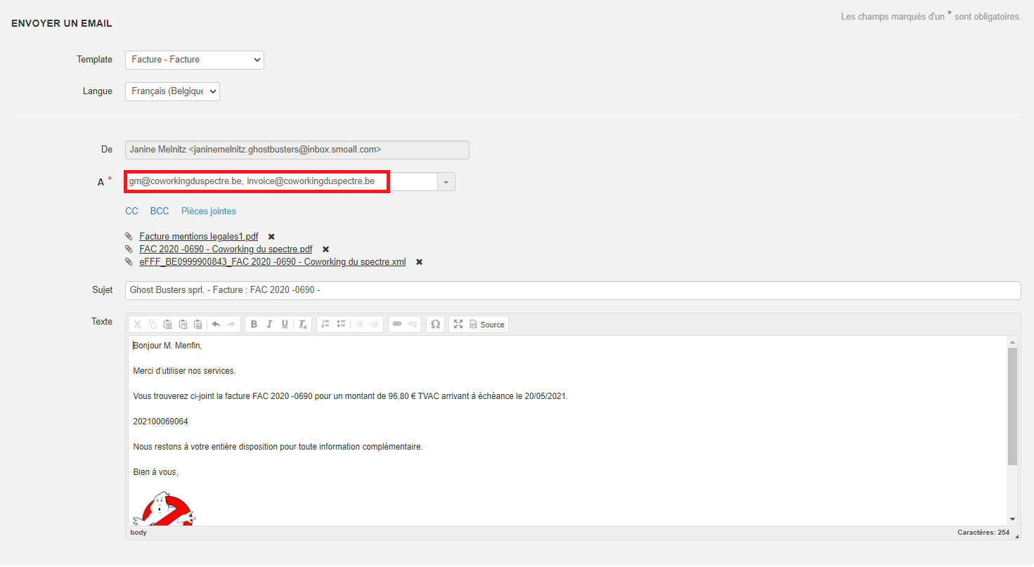 Smoall-Facture-Envoi mail contacts destinataires factures