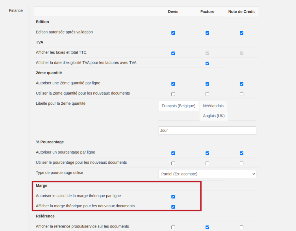 Paramétrage d'activation de calcul de marge